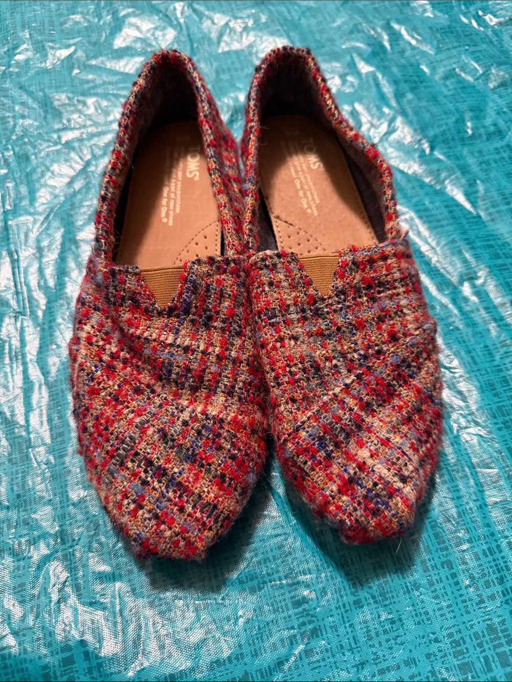Toms Multicolor Tweed Slip-On Flats in Red, Navy and Cream